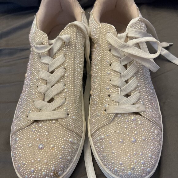 Lovee Cosee White Pearl Platform Sneakers for Women Sparkly Lace up Sequin White - Picture 1 of 3